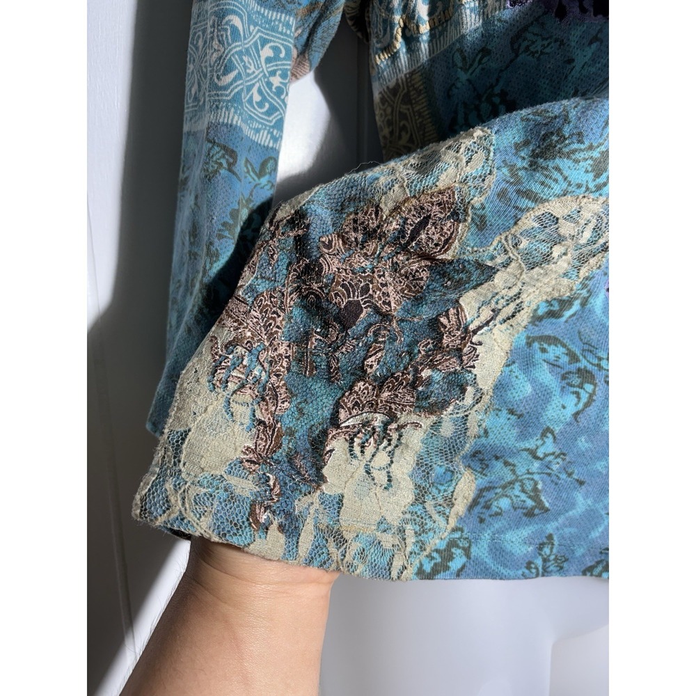 Vintage Grunge Y2K Textured Patchwork Lace Print 3/4 Sleeve Top Teal Tan M - Picture 3 of 12